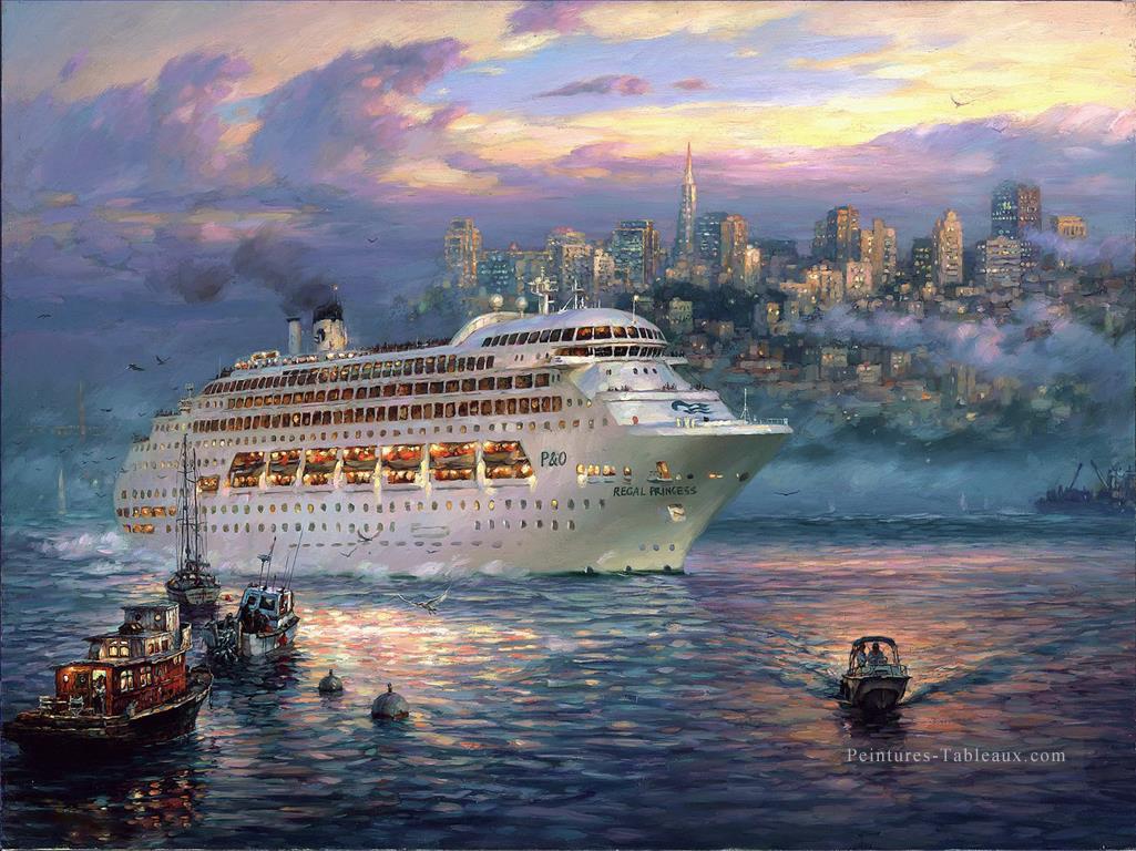 Le Rising Fog cityscape moderne scènes de la ville croisière navire Peintures à l'huile